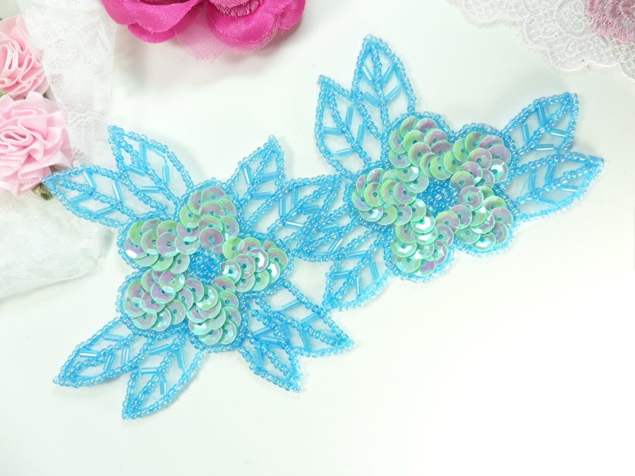 Double Floral Cluster Applique of Blue AB Flowers Sequins Beads Iron On 6.5 GB818
