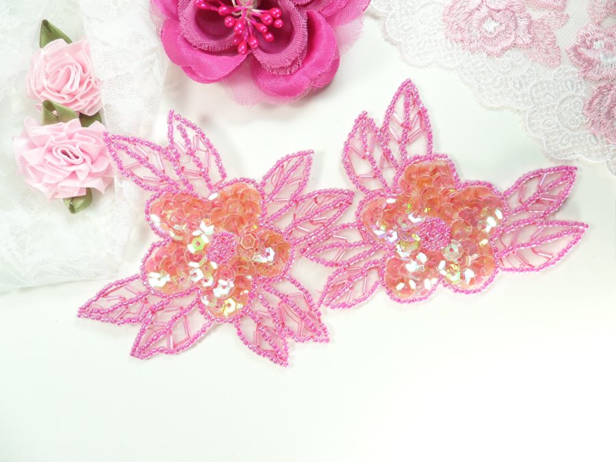 Double Floral Cluster Applique of Fuchsia AB Flowers Sequins Beads Iron On 6.5 GB818