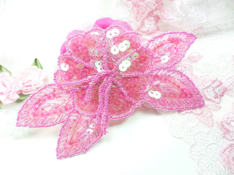Floral Beaded Sequin Applique Dangles Center Fuchsia Ab 5.5 GB819