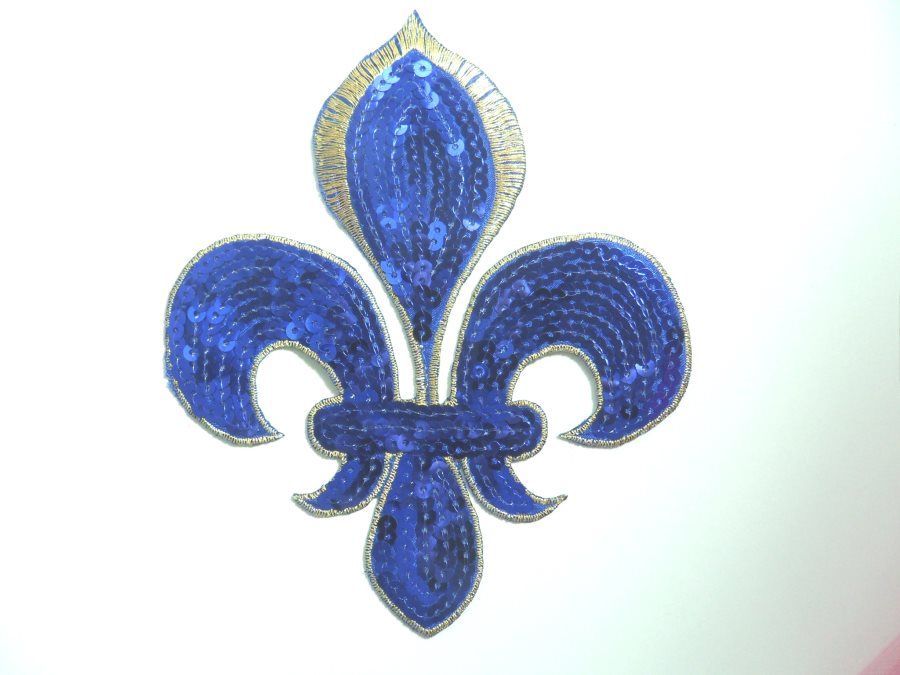 Blue Gold Fleur De Lis Sequin Embroidered Applique 6.5 GB831