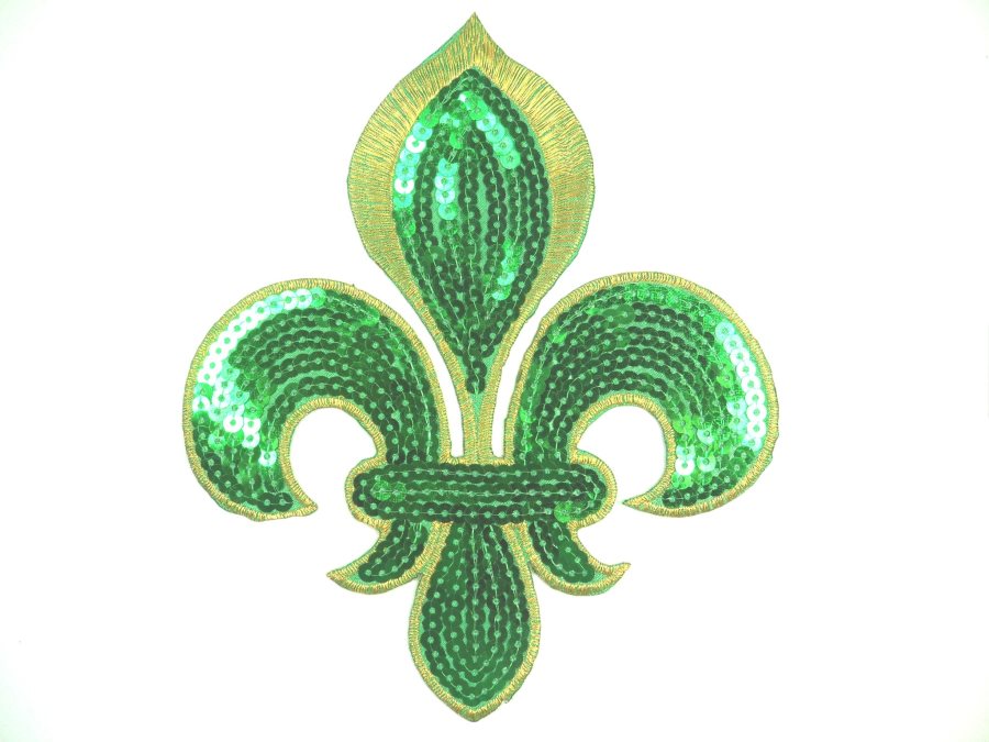 Green Gold Fleur De Lis Sequin Embroidered Applique 6.5 GB831
