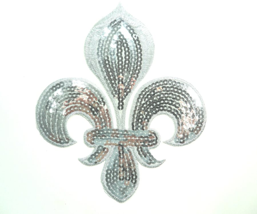 Silver Fleur De Lis Sequin Embroidered Applique 6.5 GB831