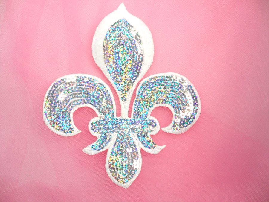 Silver Holographic White Fleur De Lis Sequin Embroidered Applique 6.5 GB831