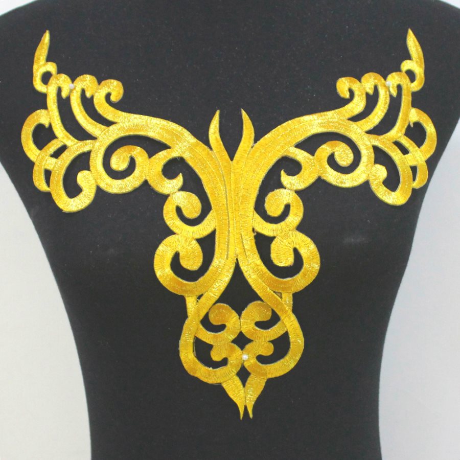 Gold Embroidered Applique Metallic Designer Scroll Motif