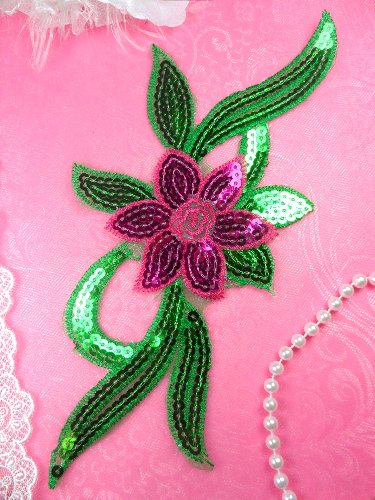 GB88 Fuchsia Green Flower Sequin Embroidered Floral Applique 9.25