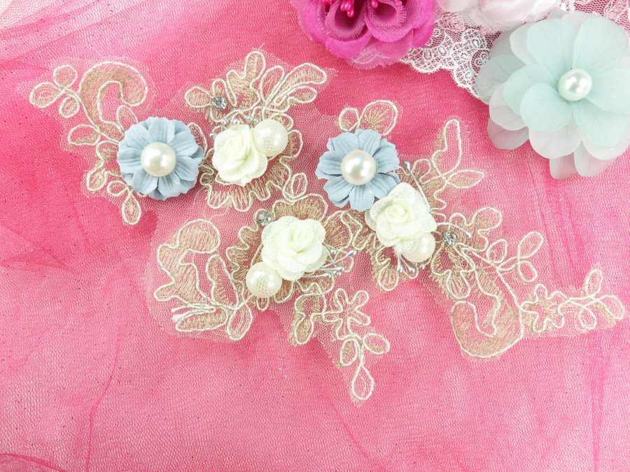 3 Dimensional Applique Rhinestone Pearl Venice Lace Floral Sewing Clothing Patch 10 GB888