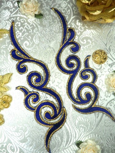 GB89 MIRROR PAIR Blue Gold Metallic Iron On Designer Embroidered Applique 6.75