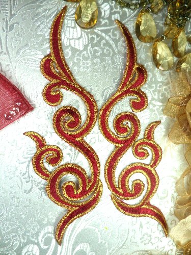 GB89 MIRROR PAIR Burgundy Gold Metallic Iron On Designer Embroidered Applique 6.75