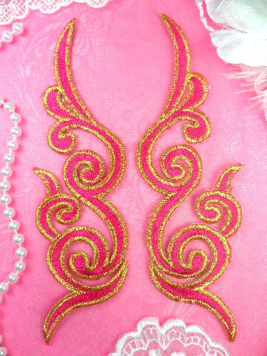 GB89 MIRROR PAIR Fuchsia Gold Metallic Iron On Designer Embroidered Applique 6.75