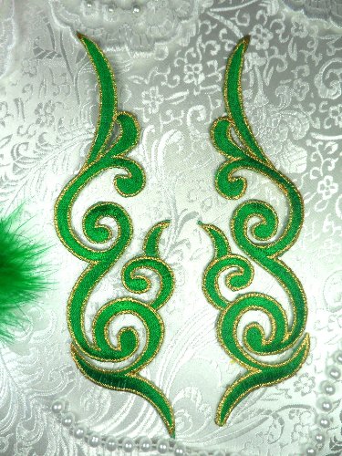 GB89 MIRROR PAIR Green Gold Metallic Iron On Designer Embroidered Applique 6.75