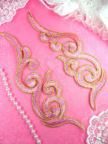 GB89 MIRROR PAIR Pink Gold Metallic Iron On Designer Embroidered Applique 6.75