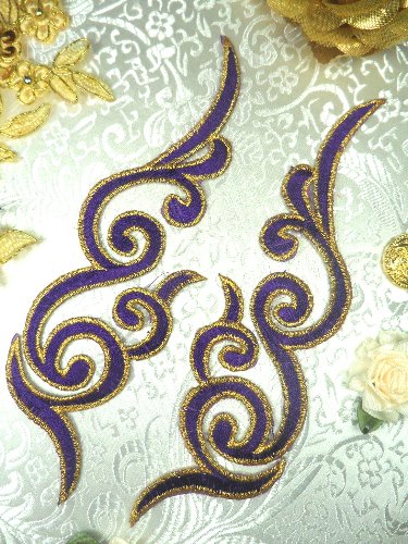 GB89 MIRROR PAIR Purple Gold Metallic Iron On Designer Embroidered Applique 6.75