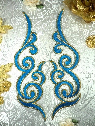 GB89 MIRROR PAIR Turquoise Gold Metallic Iron On Designer Embroidered Applique 6.75