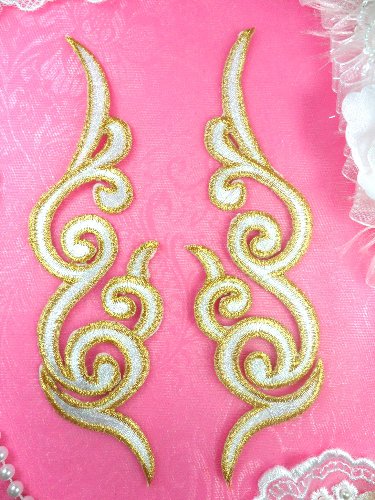 GB89 MIRROR PAIR White Gold Metallic Iron On Designer Embroidered Applique 6.75