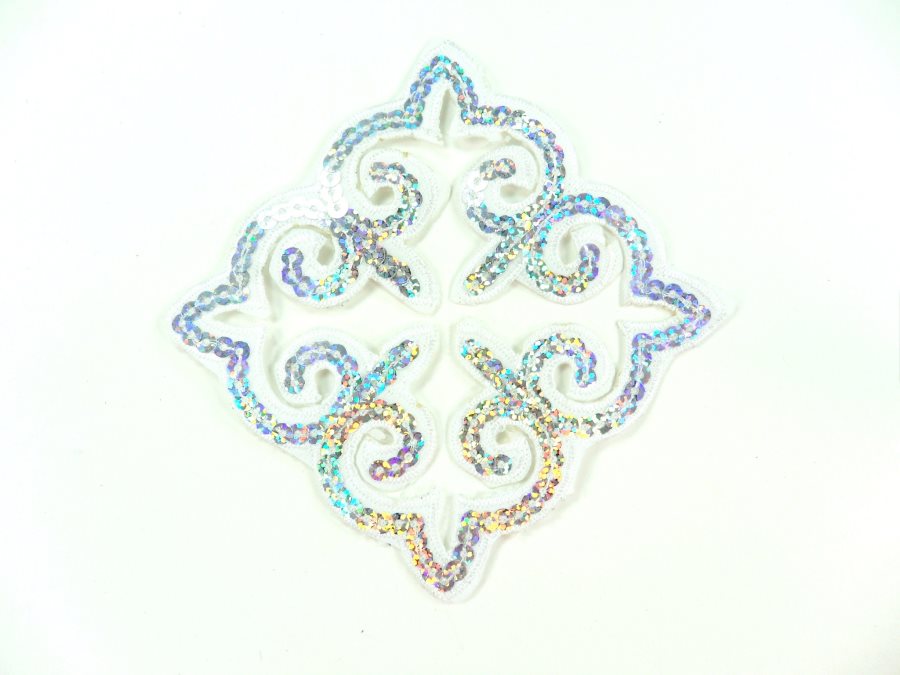 Sequin Applique Embroidered Edge White and Silver Holographic Motif Clothing Patch 5 GB897