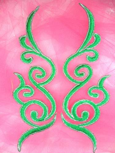 GB89 Embroidered Applique Green Silver Metallic Mirror Pair Iron On 6.75