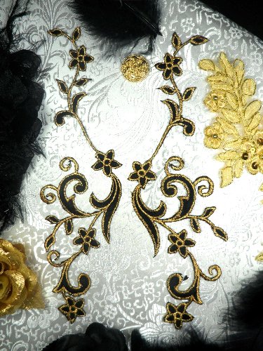 GB90 MIRROR PAIR Black Gold Metallic Flower Vine Iron On Designer Embroidered Applique 9