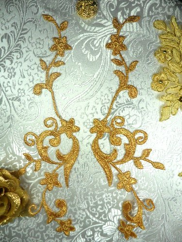 GB90 MIRROR PAIR Gold Metallic Flower Vine Iron On Designer Embroidered Applique 9