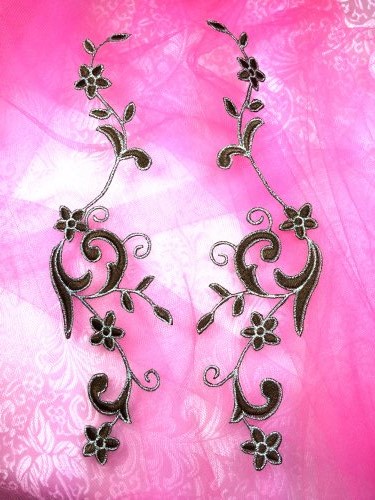 GB90 Embroidered Appliques Brown Silver Flower Mirror Pair Vine Iron On 9