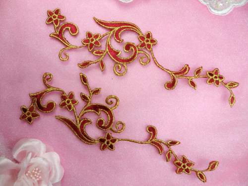 GB90 MIRROR PAIR Burgundy Gold Metallic Flower Vine Iron On Designer Embroidered Applique 9