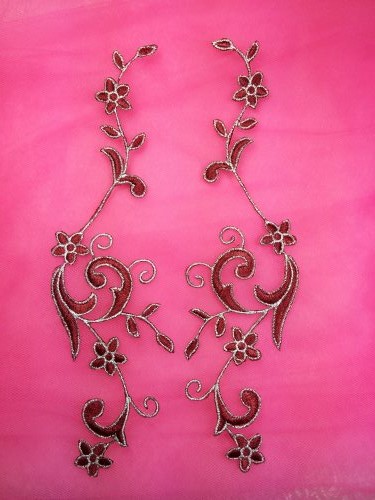 GB90 Embroidered Appliques Burgundy Silver Flower Mirror Pair Vine Iron On 9
