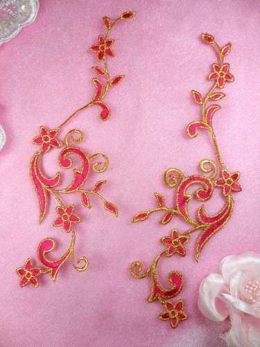 GB90 MIRROR PAIR Fuschia Gold Metallic Flower Vine Iron On Designer Embroidered Applique 9