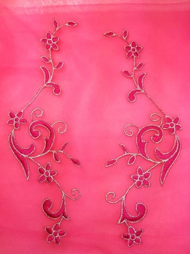 GB90 Embroidered Appliques Fuchsia Silver Flower Mirror Pair Vine Iron On 9