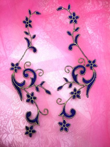 GB90 Embroidered Appliques Purple Gold Flower Mirror Pair Vine Iron On 9