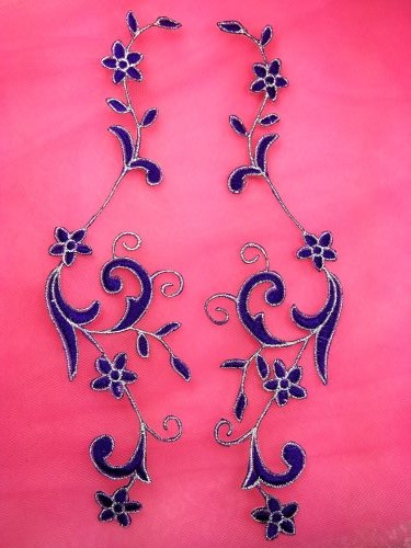 GB90 Embroidered Appliques Purple Silver Flower Mirror Pair Vine Iron On 9