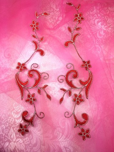 GB90 Embroidered Appliques Red Silver Flower Mirror Pair Vine Iron On 9