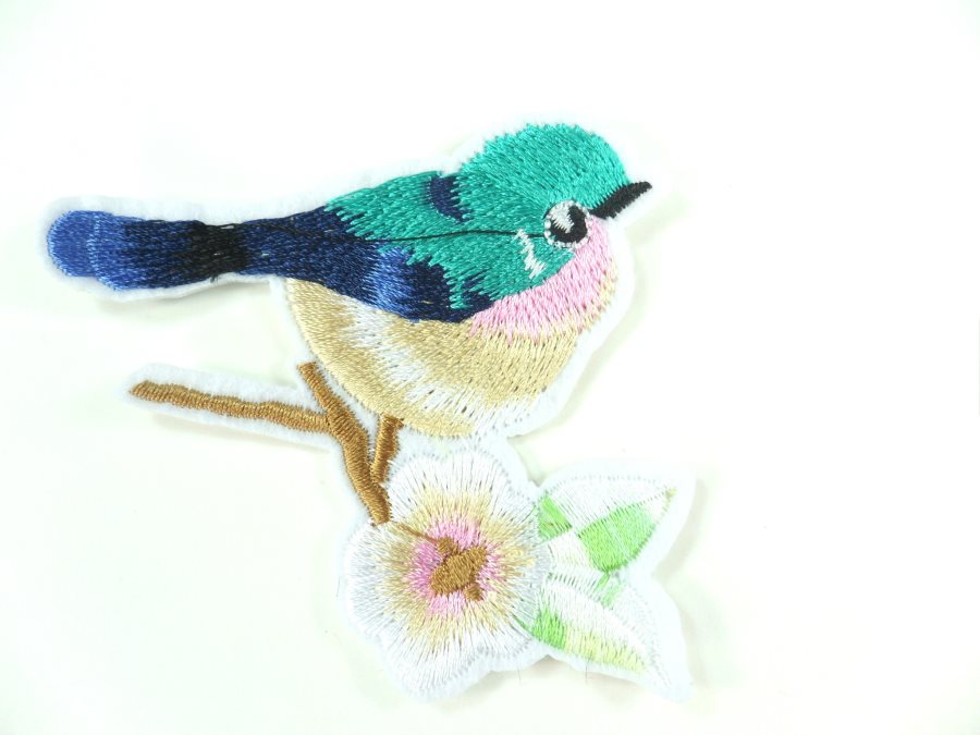 Embroidered Bird Applique Teal on Branch Iron On 3  GB912