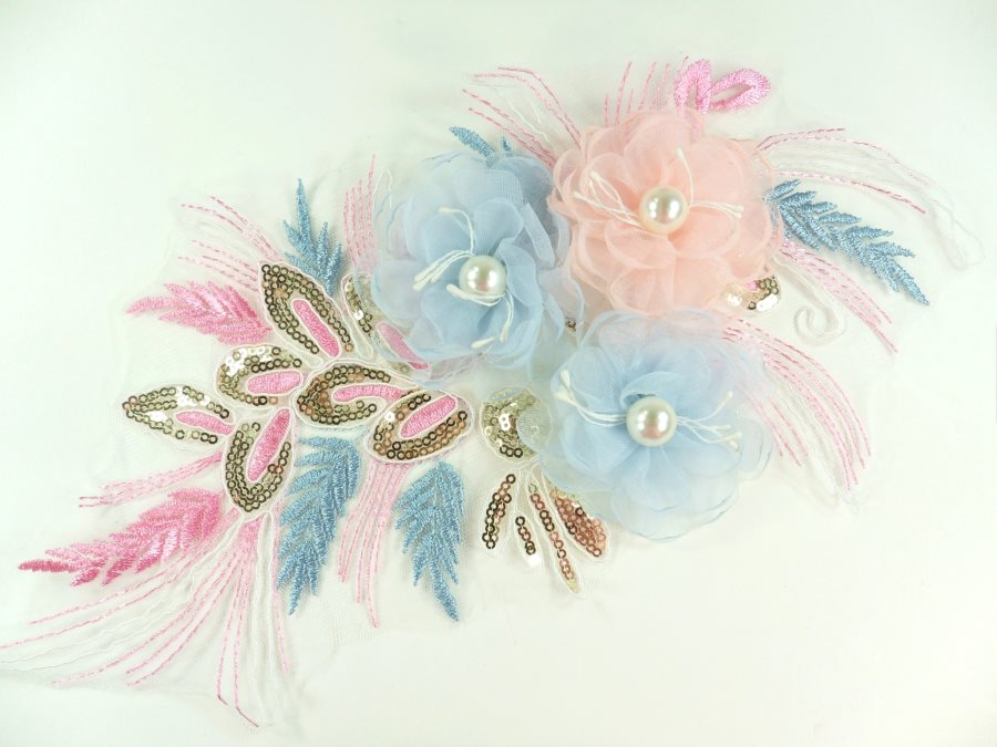 3 Dimensional Applique Sequin Pearl Venice Lace Floral Sewing Clothing Patch 13 GB930