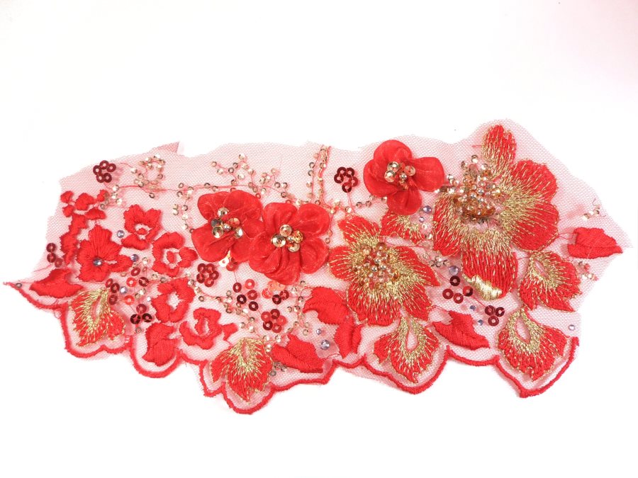 3D Embroidered Applique Red Gold Floral Sequin Beaded Patch 11 GB961