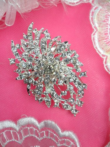 GB97 Bridal Rhinestone Brooch Pin Vintage Silver Crystal Glass 2.5