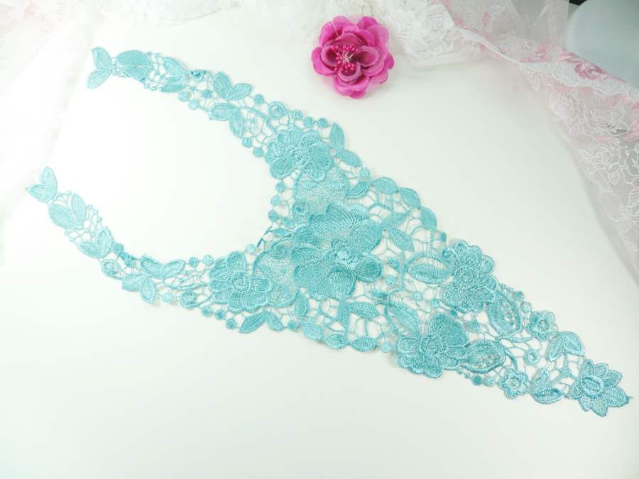 Bodice Applique Embroidered Lace Shiny Teal Thread 21 inches GB970