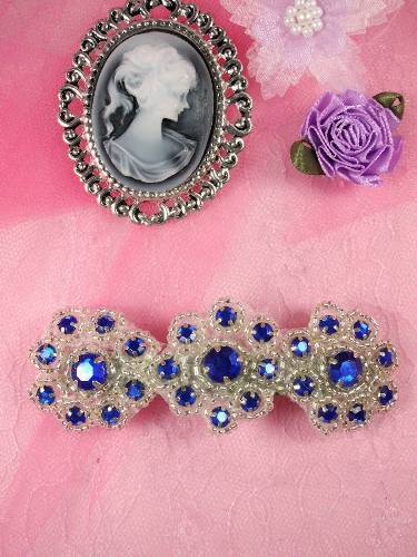 HB0474 Blue Silver Beaded Jewel Floral Hair Bow 3.75\