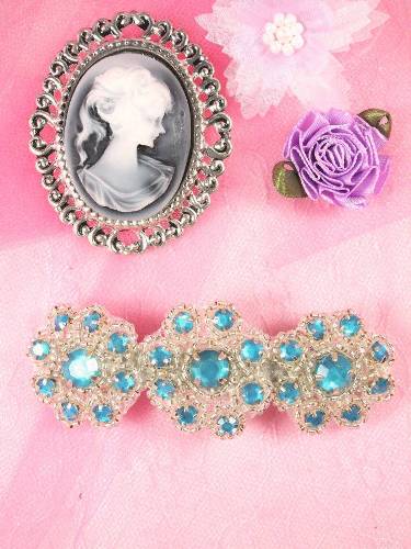 HB0474 Turquoise Silver Beaded Jewel Floral Hair Bow 3.75\