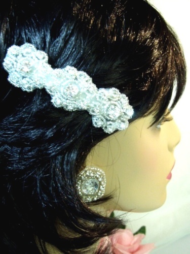 HB0478  Crystal Silver Beaded Flower Rhinestone Hair Bow 3.75