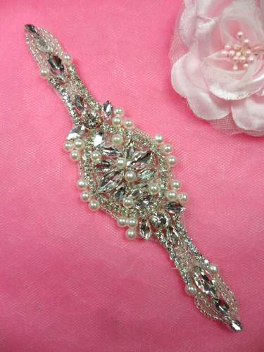 HC10 Applique Silver Beaded Crystal Rhinestone w/ Pearls Bridal Motif  6.5\