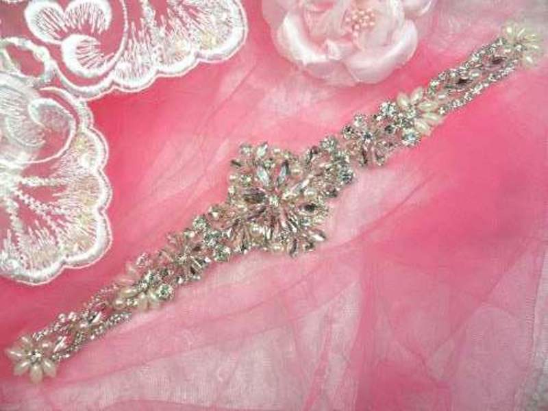HC16 Applique Bridal Sash Motif Crystal Rhinestone w/ Pearls 11