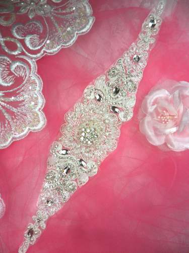 HC20 Bridal Sash Applique Venise Lace Motif Crystal Rhinestone w/ Pearls 11.5\