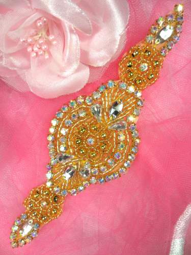 HC3 Gold Beaded Crystal Aurora Borealis  AB Rhinestone Applique 6.25