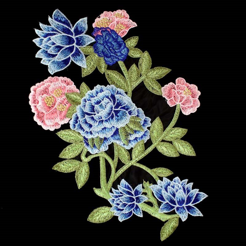 Embroidered Floral Applique Blue Pink Craft Patch (GB586)