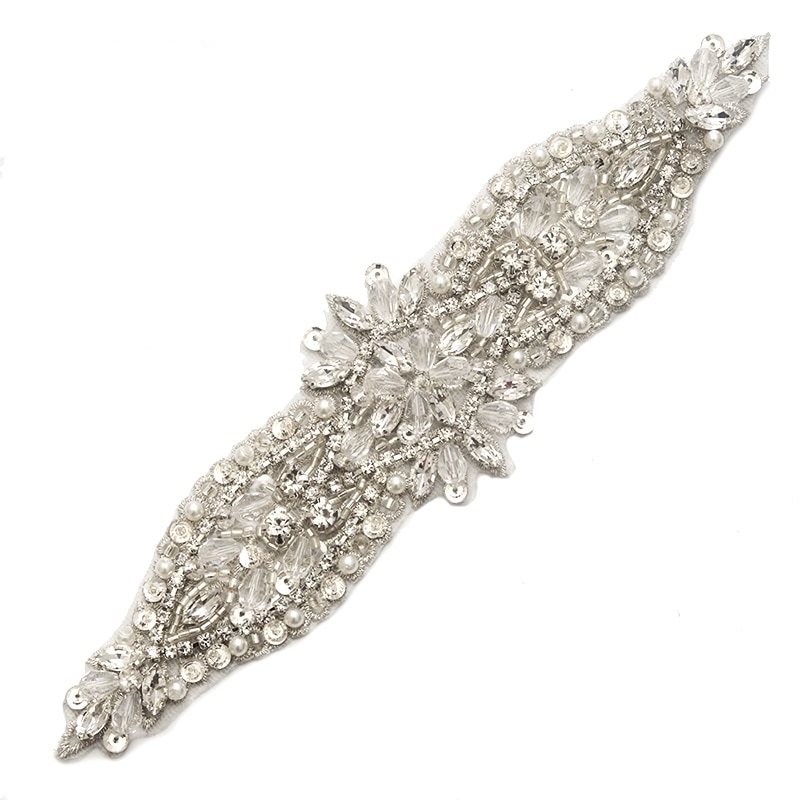 Bridal Sash Applique w/ Marquise Rhinestones Silver Sequins Clear Beads and White Pearls 8.25 GB729
