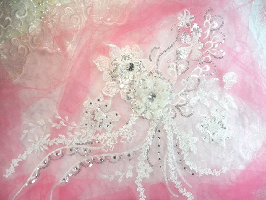 Embroidered 3D Applique White Floral Sequin Patch Rhinestone Accented 14 (DH75)