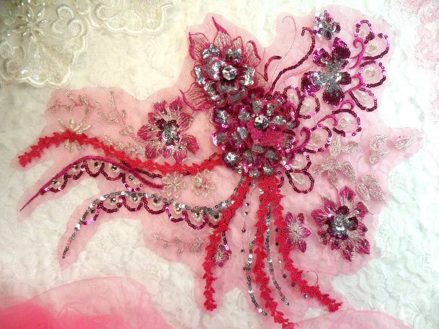 Embroidered 3D Applique Fuchsia Silver Floral Sequin Patch Rhinestone Accented 14 (DH75)