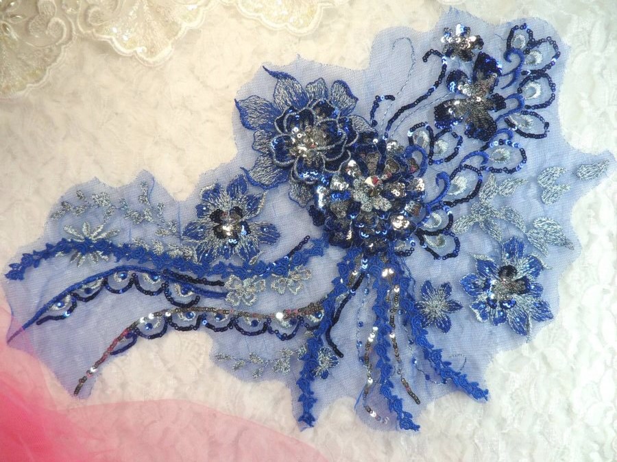 Embroidered 3D Applique Blue Silver Floral Sequin Patch Rhinestone Accented 14 (DH75)