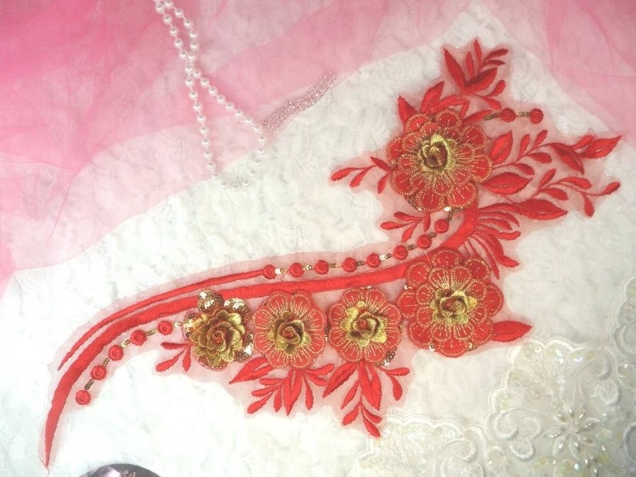 Embroidered 3D Applique Red Gold Floral Sequin Patch 16 (DH74)