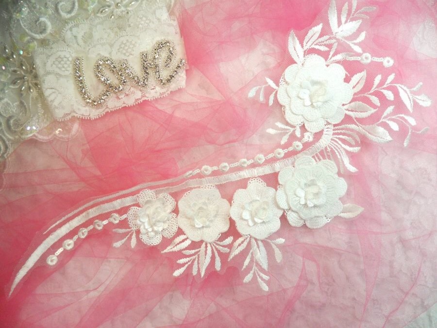 Embroidered 3D Applique White Floral Sequin Patch 16 (DH74)