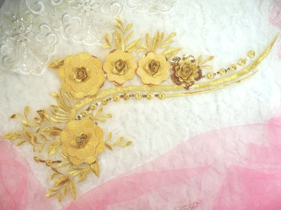 Embroidered 3D Applique Gold Floral Sequin Patch 16 (DH74)